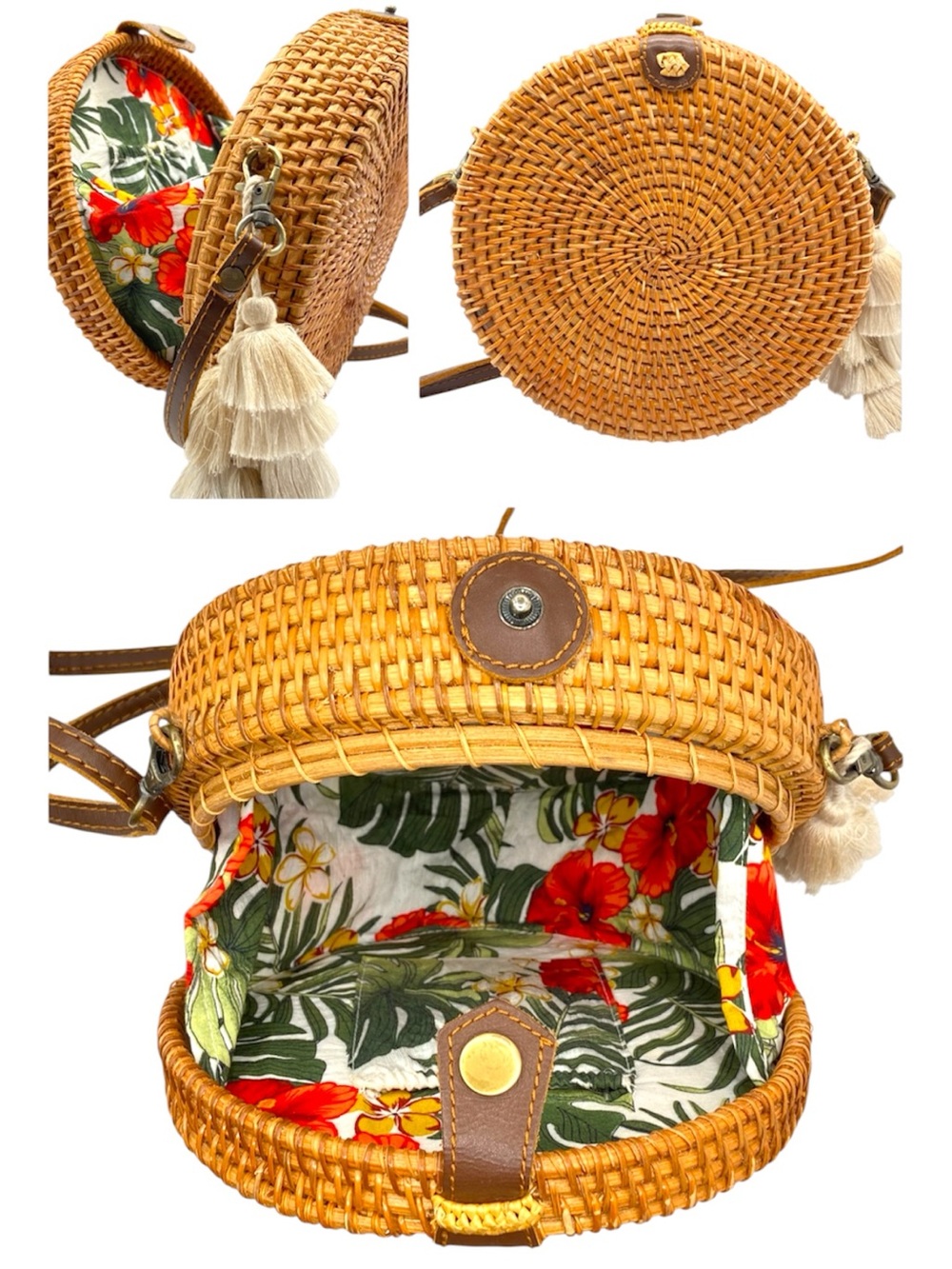 Handmade Woven Round Straw Crossbody Bag with Bali Tropical Lining - Natural